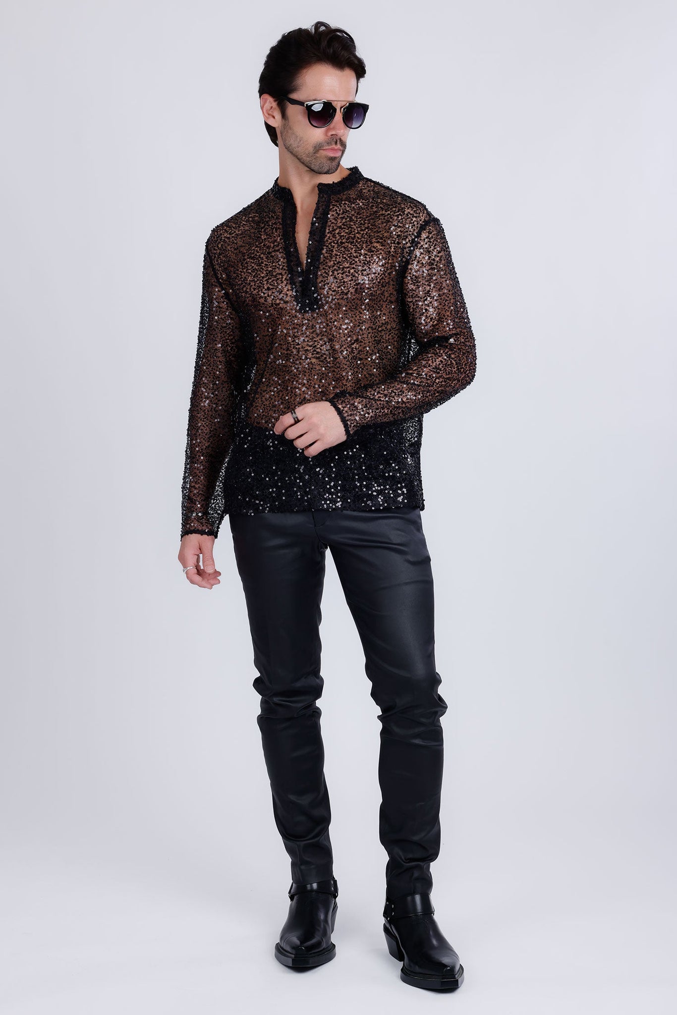 Barabas Wholesale Men's See Through Sequins V-Neck Long Sleeve Shirts 5PST01 Black