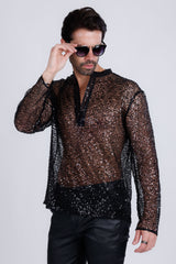 Barabas Wholesale Men's See Through Sequins V-Neck Long Sleeve Shirts 5PST01 Black