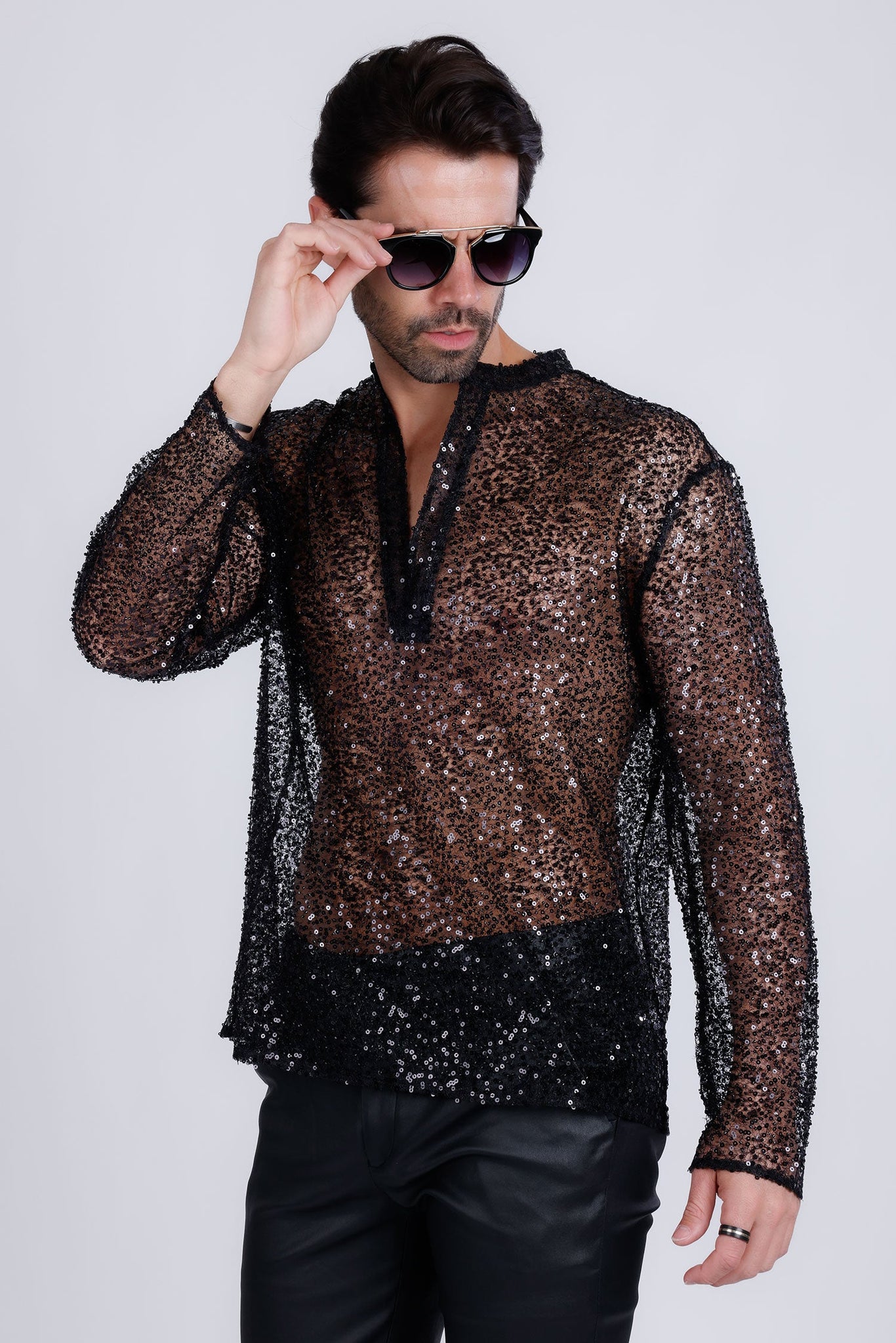 Barabas Wholesale Men's See Through Sequins V-Neck Long Sleeve Shirts 5PST01 Black