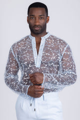Barabas Wholesale Men's Sheer See Through Sequins Long Sleeve Shirts 5PST02 Light Blue