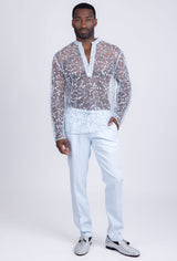 Barabas Wholesale Men's Sheer See Through Sequins Long Sleeve Shirts 5PST02 Light Blue