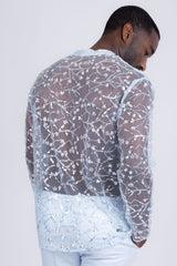 Barabas Wholesale Men's Sheer See Through Sequins Long Sleeve Shirts 5PST02 Light Blue