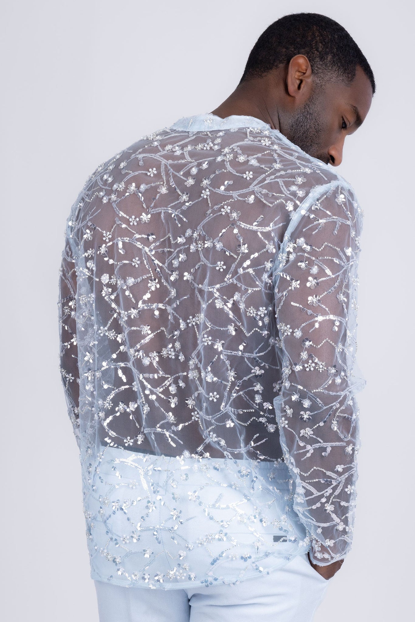 Barabas Wholesale Men's Sheer See Through Sequins Long Sleeve Shirts 5PST02 Light Blue
