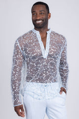 Barabas Wholesale Men's Sheer See Through Sequins Long Sleeve Shirts 5PST02 Light Blue