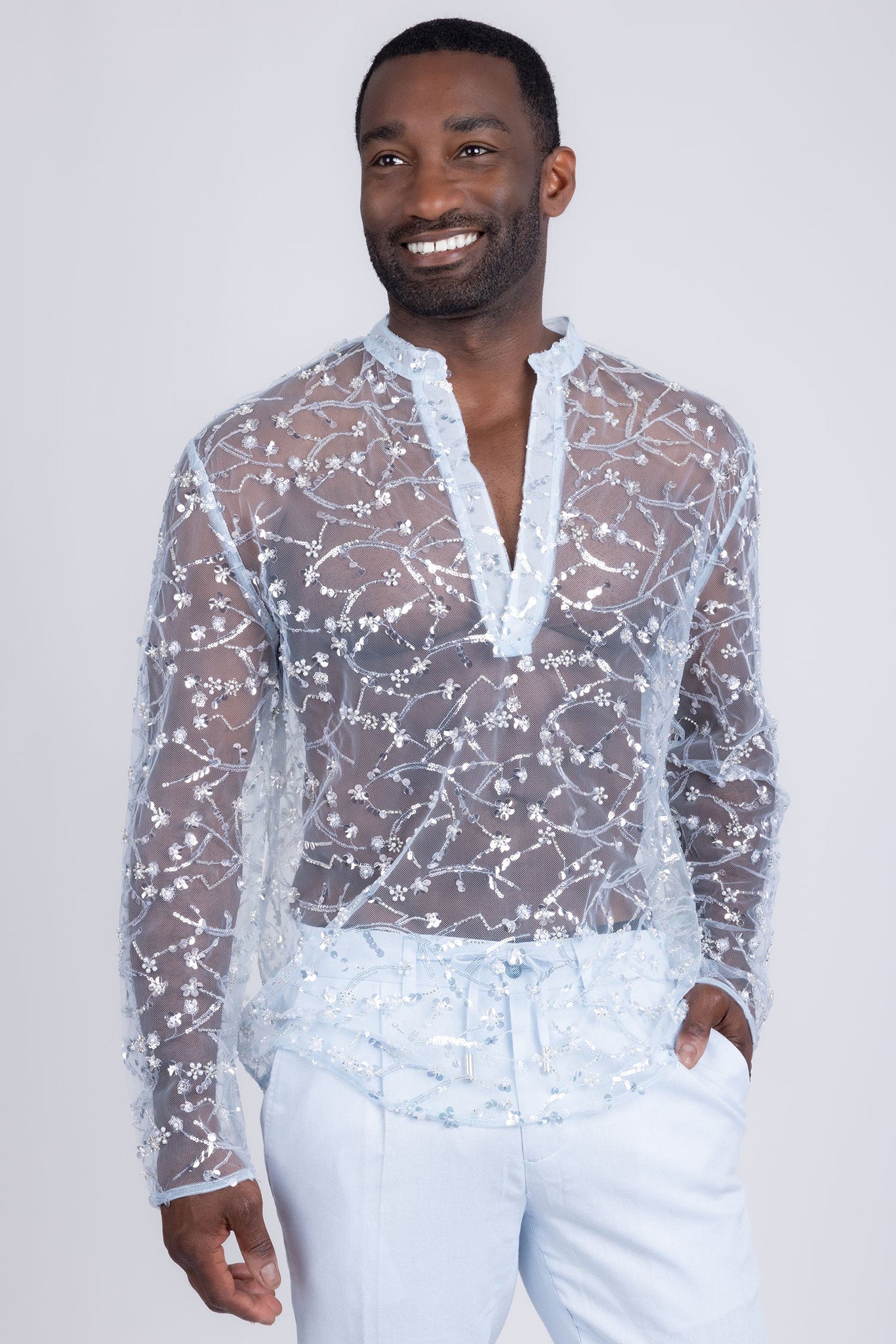 Barabas Wholesale Men's Sheer See Through Sequins Long Sleeve Shirts 5PST02 Light Blue