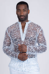 Barabas Wholesale Men's Sheer See Through Sequins Long Sleeve Shirts 5PST02 Blue
