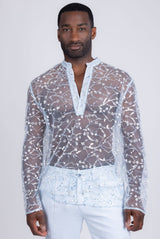 Barabas Wholesale Men's Sheer See Through Sequins Long Sleeve Shirts 5PST02 Blue