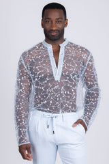 Barabas Wholesale Men's Sheer See Through Sequins Long Sleeve Shirts 5PST02 Blue