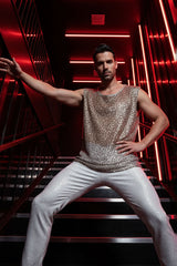 Barabas Men's Semi-Sheer See Through Sequins Sleeveless Shirts 5PST03 Beige