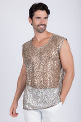 Barabas Men's Semi-Sheer See Through Sequins Sleeveless Shirts 5PST03 Beige