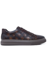 Barabas Wholesale Men's Checkered Lace-up Leather Sneakers 5SH09 Brown
