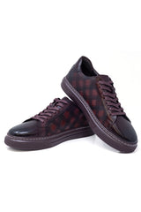 Barabas Wholesale Men's Checkered Lace-up Leather Sneakers 5SH09 Burgundy