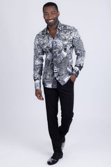 Barabas Wholesale Men's Rhinestones Tiger Cheetah Textured Long Sleeve Shirts 5SPR01 Black