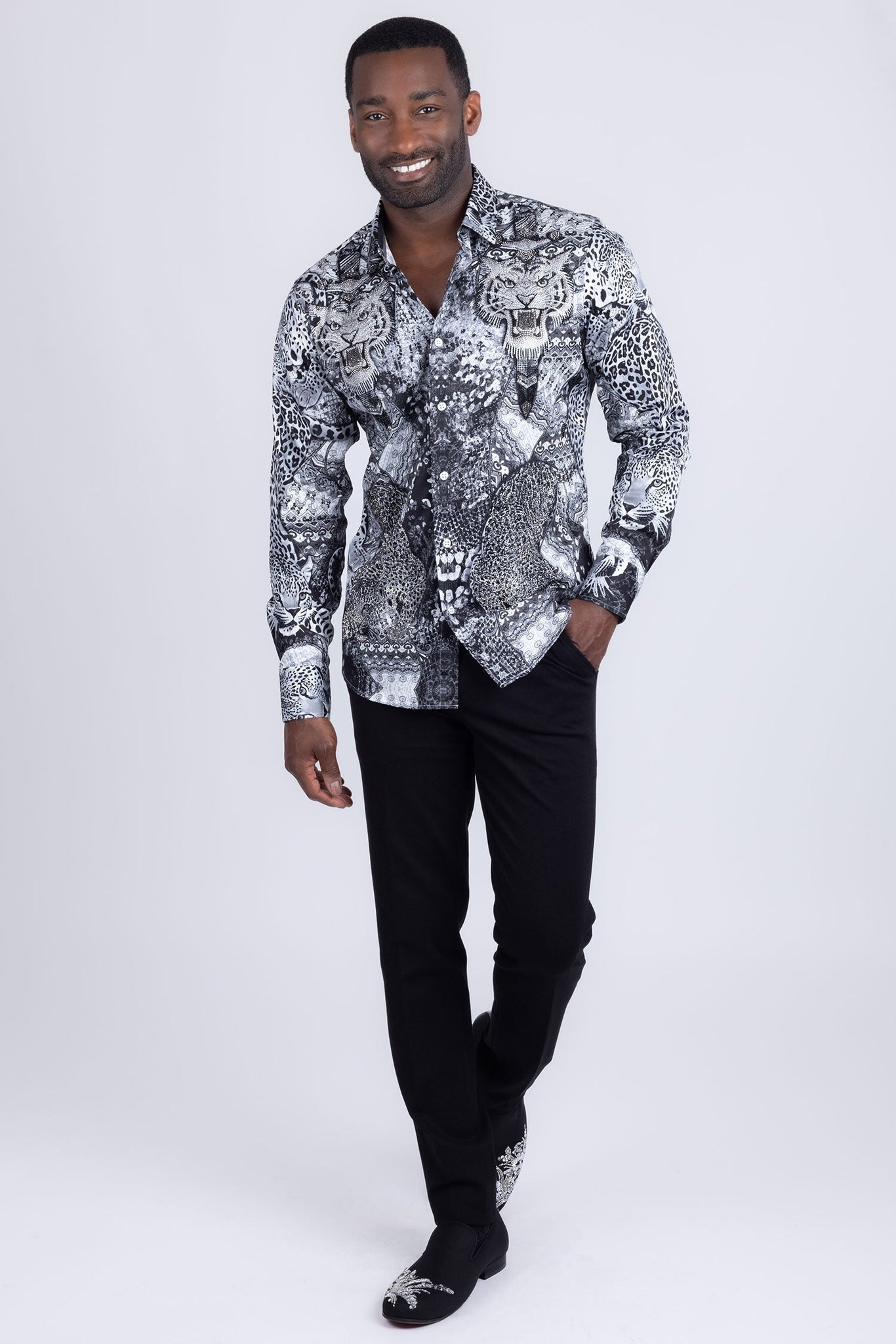 Barabas Wholesale Men's Rhinestones Tiger Cheetah Textured Long Sleeve ...