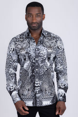 Barabas Wholesale Men's Rhinestones Tiger Cheetah Textured Long Sleeve Shirts 5SPR01 Black