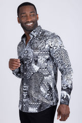 Barabas Wholesale Men's Rhinestones Tiger Cheetah Textured Long Sleeve Shirts 5SPR01 Black