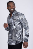 Barabas Wholesale Men's Rhinestones Tiger Cheetah Textured Long Sleeve Shirts 5SPR01 Black