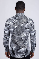 Barabas Wholesale Men's Rhinestones Tiger Cheetah Textured Long Sleeve Shirts 5SPR01 White