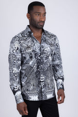 Barabas Wholesale Men's Rhinestones Tiger Cheetah Textured Long Sleeve Shirts 5SPR01 White