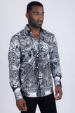 Barabas Wholesale Men's Rhinestones Tiger Cheetah Textured Long Sleeve Shirts 5SPR01 White