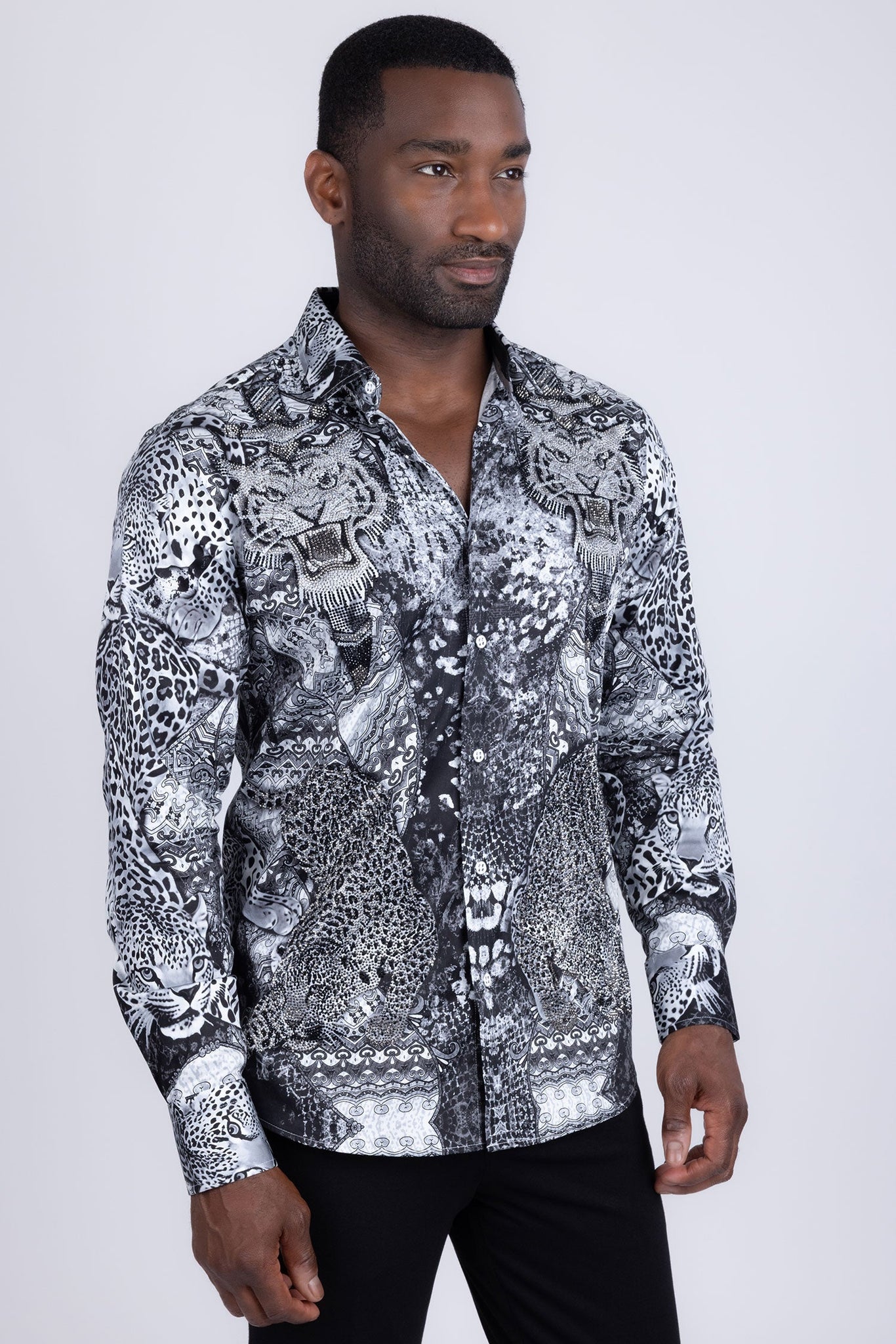 Barabas Wholesale Men's Rhinestones Tiger Cheetah Textured Long Sleeve ...
