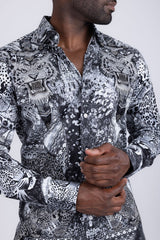 Barabas Wholesale Men's Rhinestones Tiger Cheetah Textured Long Sleeve Shirts 5SPR01 White