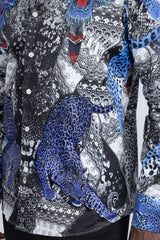 Barabas Wholesale Men's Rhinestones Tiger Cheetah Textured Long Sleeve Shirts 5SPR01 Blue