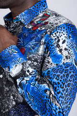 Barabas Wholesale Men's Rhinestones Tiger Cheetah Textured Long Sleeve Shirts 5SPR01 Blue