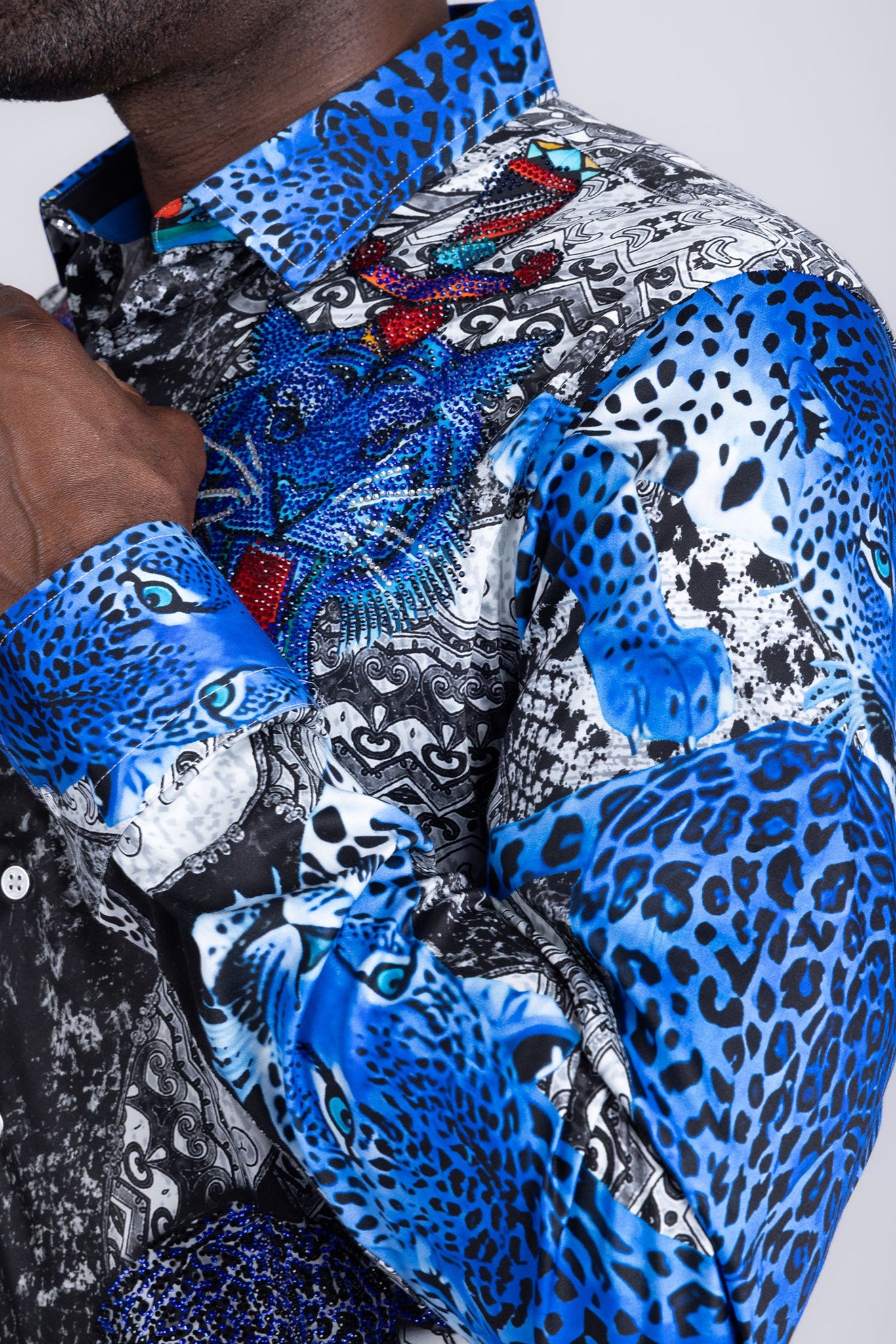 Barabas Wholesale Men's Rhinestones Tiger Cheetah Textured Long Sleeve Shirts 5SPR01 Blue