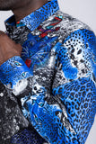 Barabas Wholesale Men's Rhinestones Tiger Cheetah Textured Long Sleeve Shirts 5SPR01 Blue