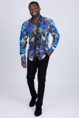 Barabas Wholesale Men's Rhinestones Tiger Cheetah Textured Long Sleeve Shirts 5SPR01 Blue