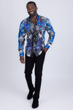 Barabas Wholesale Men's Rhinestones Tiger Cheetah Textured Long Sleeve Shirts 5SPR01 Blue