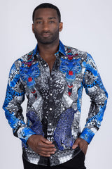 Barabas Wholesale Men's Rhinestones Tiger Cheetah Textured Long Sleeve Shirts 5SPR01 Blue