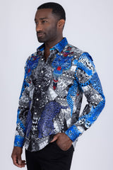 Barabas Wholesale Men's Rhinestones Tiger Cheetah Textured Long Sleeve Shirts 5SPR01 Blue