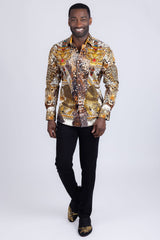 Barabas Wholesale Men's Rhinestones Tiger Cheetah Textured Long Sleeve Shirts 5SPR01 Brown