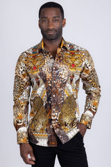 Barabas Wholesale Men's Rhinestones Tiger Cheetah Textured Long Sleeve Shirts 5SPR01 Brown