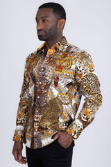 Barabas Wholesale Men's Rhinestones Tiger Cheetah Textured Long Sleeve Shirts 5SPR01 Brown