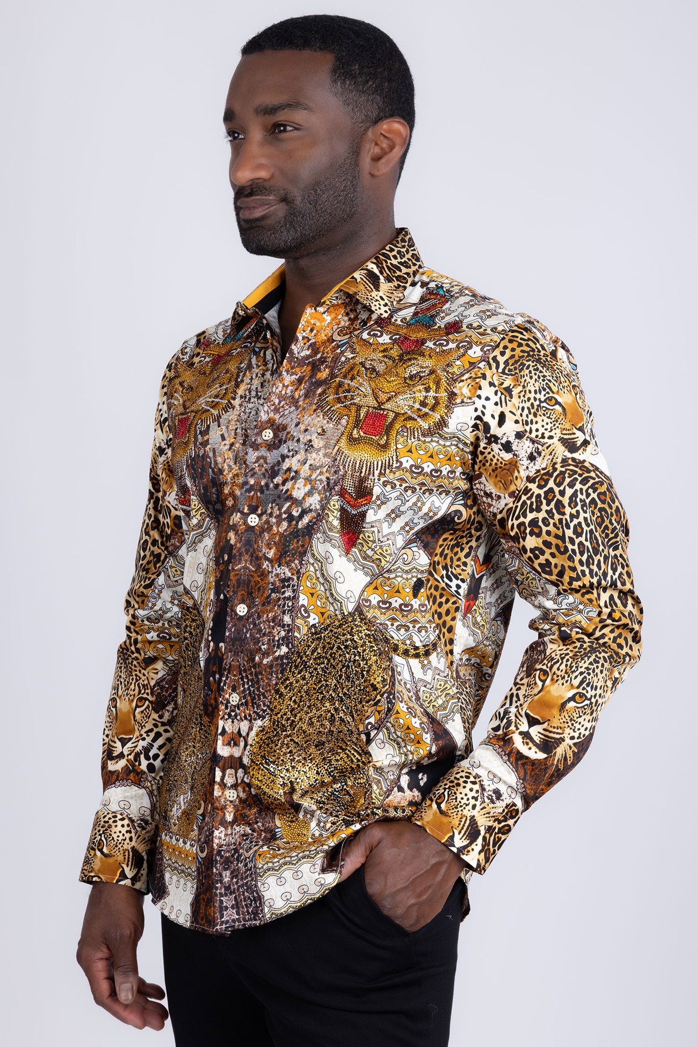Barabas Wholesale Men's Rhinestones Tiger Cheetah Textured Long Sleeve Shirts 5SPR01 Brown