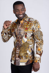 Barabas Wholesale Men's Rhinestones Tiger Cheetah Textured Long Sleeve Shirts 5SPR01 Brown