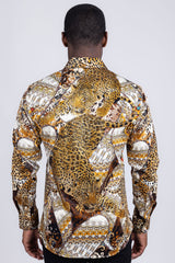 Barabas Wholesale Men's Rhinestones Tiger Cheetah Textured Long Sleeve Shirts 5SPR01 Brown