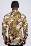 Barabas Wholesale Men's Rhinestones Tiger Cheetah Textured Long Sleeve Shirts 5SPR01 Brown