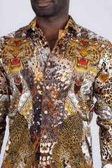 Barabas Wholesale Men's Rhinestones Tiger Cheetah Textured Long Sleeve Shirts 5SPR01 Yellow