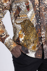 Barabas Wholesale Men's Rhinestones Tiger Cheetah Textured Long Sleeve Shirts 5SPR01 Brown