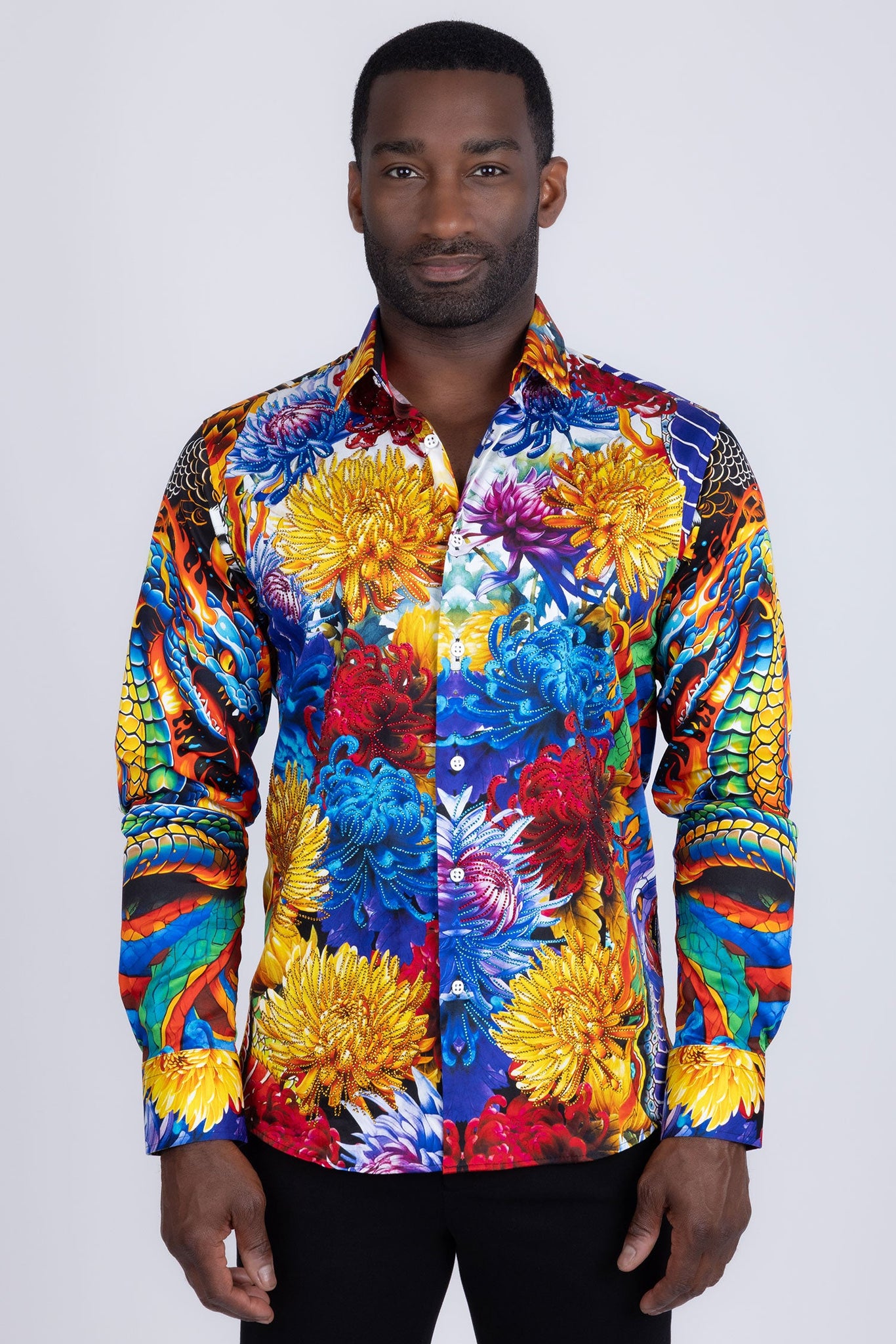 Barabas Wholesale Men's Rhinestones Floral Snake Long Sleeve Shirts 5SPR03 Green