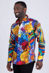 Barabas Wholesale Men's Rhinestones Floral Snake Long Sleeve Shirts 5SPR03 Blue