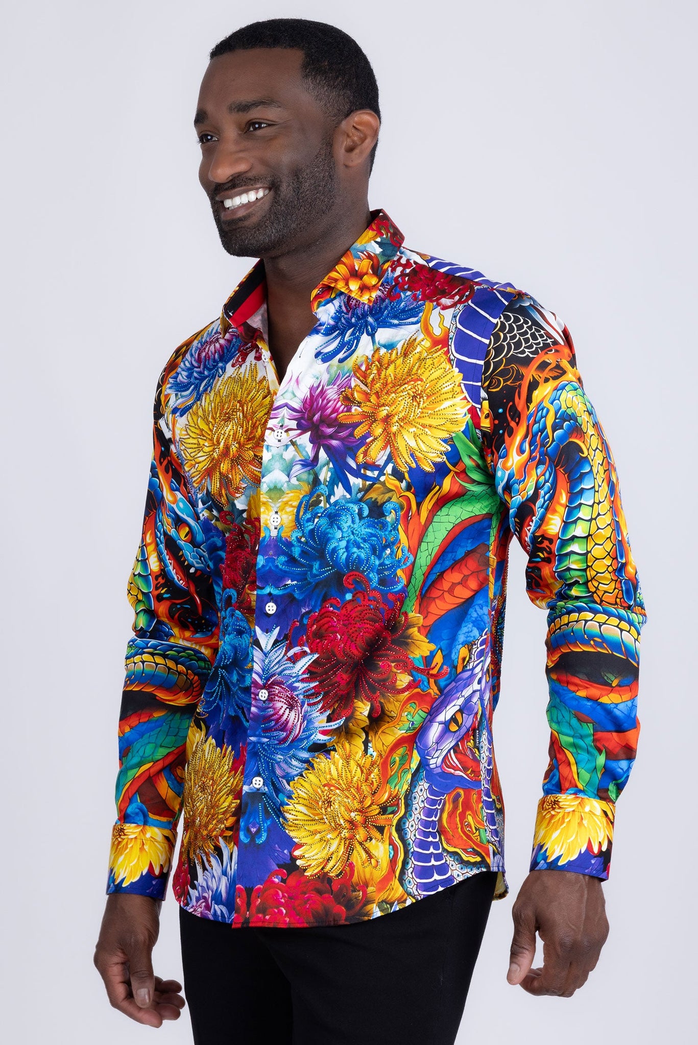 Barabas Wholesale Men's Rhinestones Floral Snake Long Sleeve Shirts 5SPR03 Blue