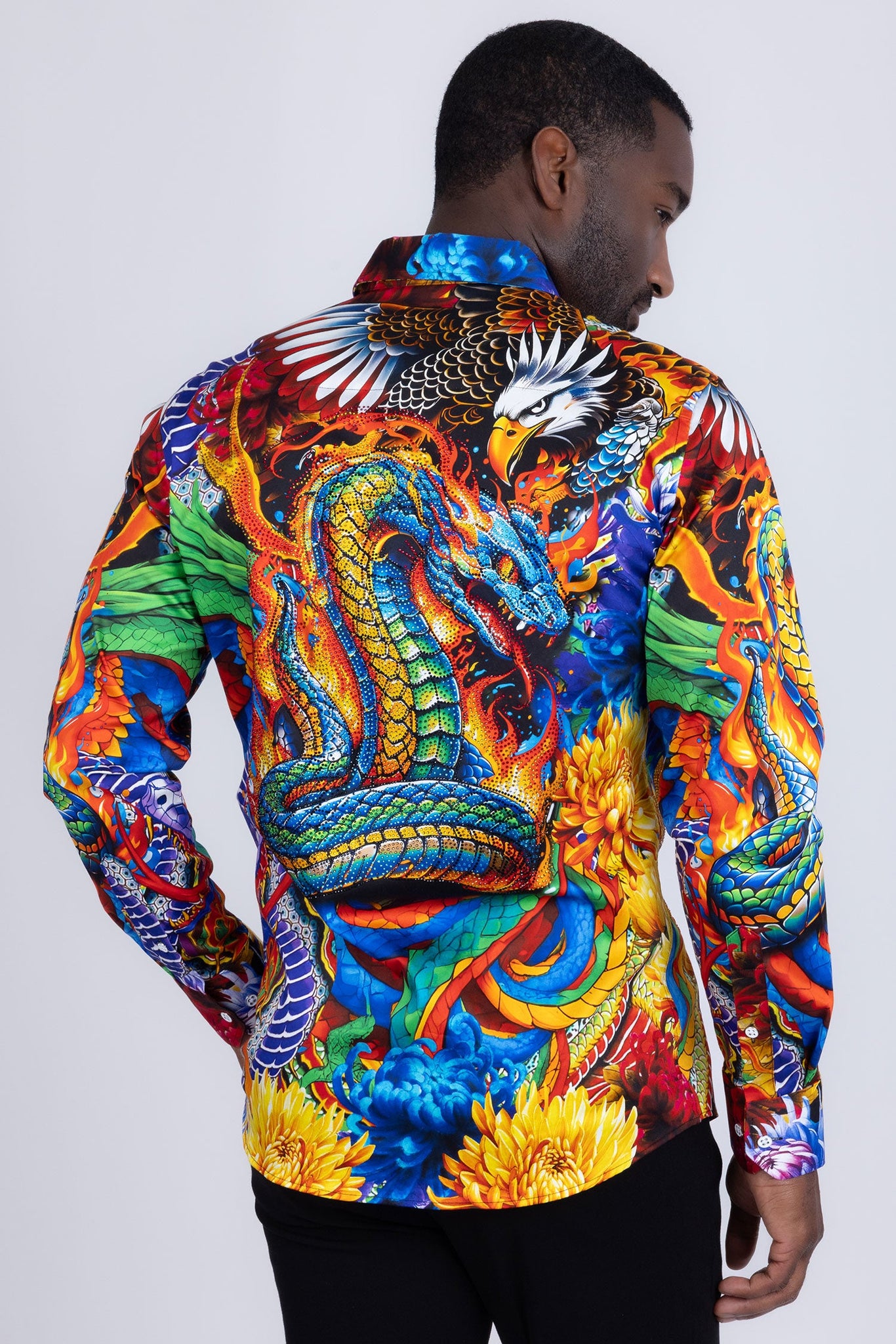 Barabas Wholesale Men's Rhinestones Floral Snake Long Sleeve Shirts 5SPR03 Silver