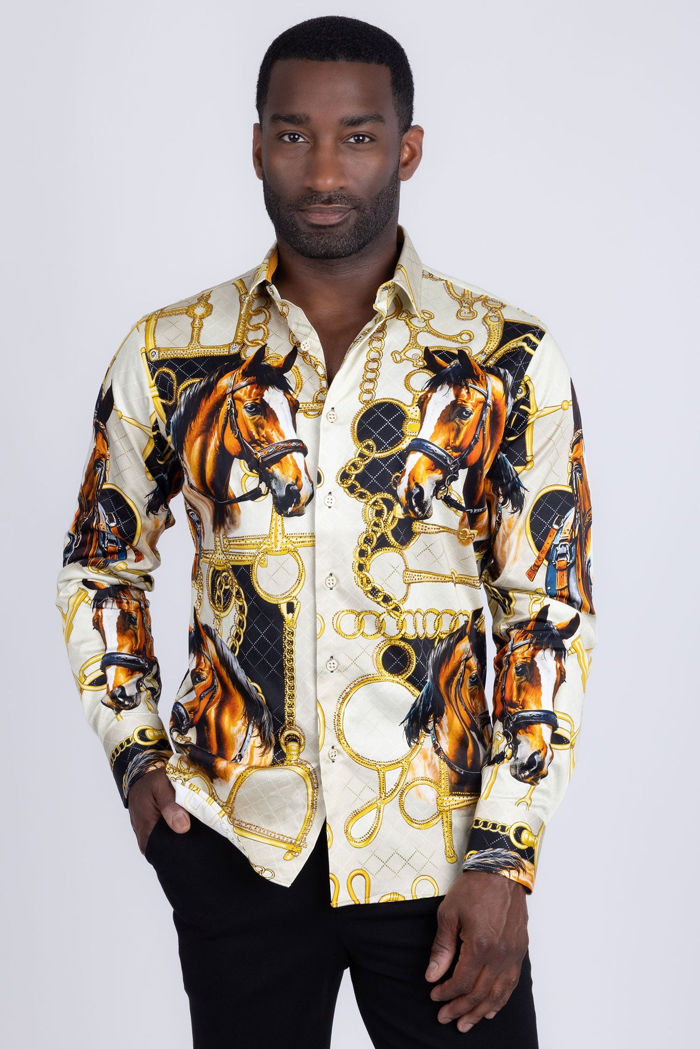 Barabas Wholesale Men's Rhinestones Horse Pattern Long Sleeve Shirts 5SPR04 Yellow