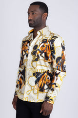 Barabas Wholesale Men's Rhinestones Horse Pattern Long Sleeve Shirts 5SPR04 Mustard
