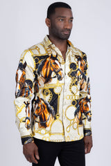 Barabas Wholesale Men's Rhinestones Horse Pattern Long Sleeve Shirts 5SPR04 Beige